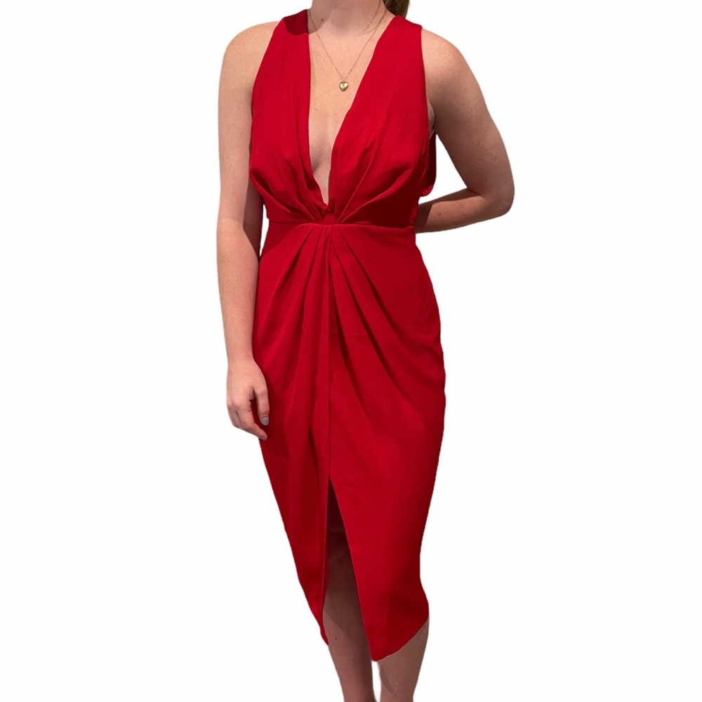 ASOS DEEP V PLUNGING NECK KNEE LENGTH SLIT DRESS